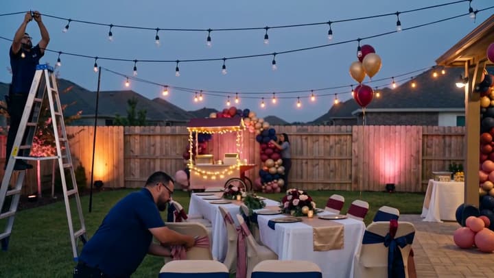 Two people on stepladders running strings of lights above a garden