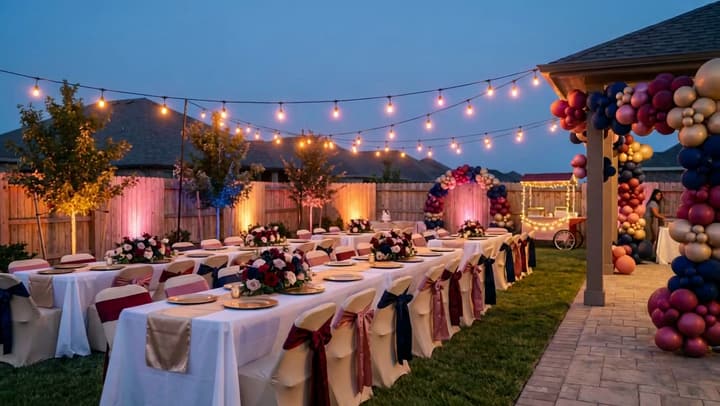 The finished table setting under lit strings at dusk